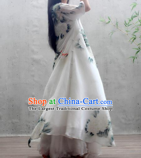 Chinese Traditional Printing Peony Qipao Dress Woman Costume National Stand Collar White Cheongsam