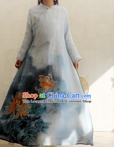 Chinese Traditional Printing Chrysanthemum Blue Qipao Dress Woman Costume National Stand Collar Cheongsam