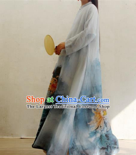 Chinese Traditional Printing Chrysanthemum Blue Qipao Dress Woman Costume National Stand Collar Cheongsam