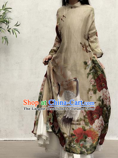 Chinese Traditional Stand Collar Qipao Dress Woman Costume National Printing Crane Peony Khaki Cheongsam