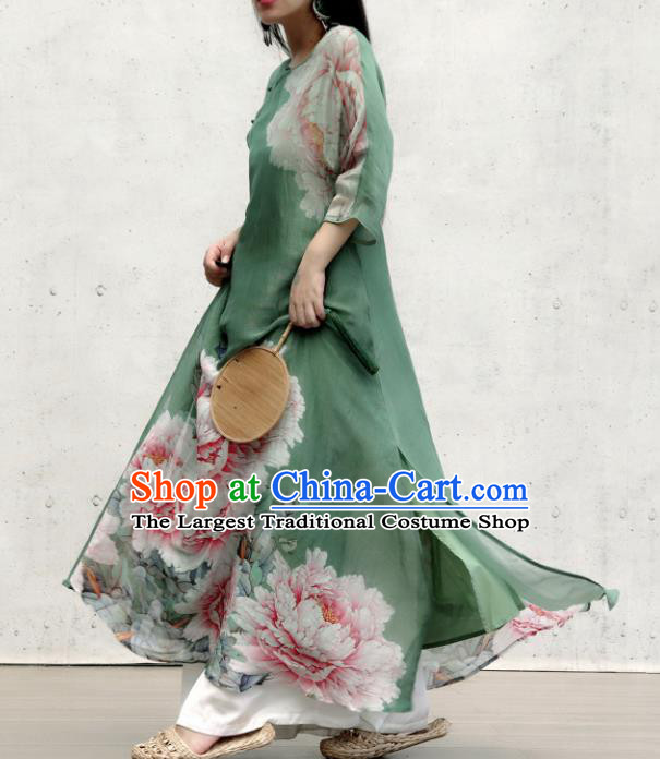 Chinese Traditional Printing Peony Green Qipao Dress Woman Costume National Stand Collar Cheongsam