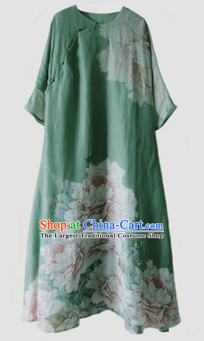 Chinese Traditional Printing Peony Green Qipao Dress Woman Costume National Stand Collar Cheongsam
