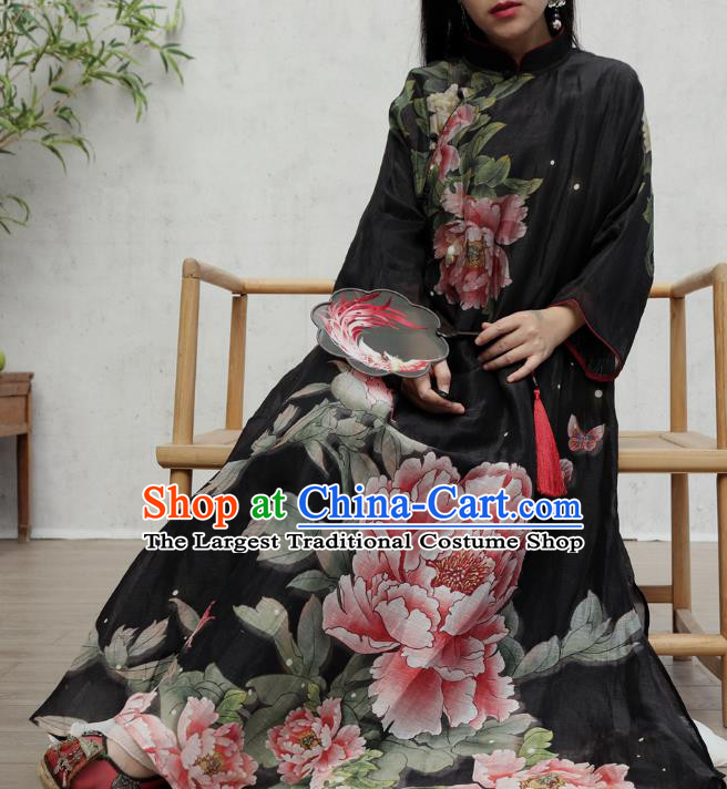 Chinese Traditional Printing Peony Qipao Dress Woman Costume National Stand Collar Black Cheongsam