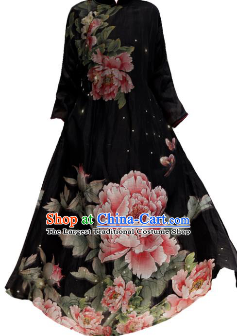 Chinese Traditional Printing Peony Qipao Dress Woman Costume National Stand Collar Black Cheongsam