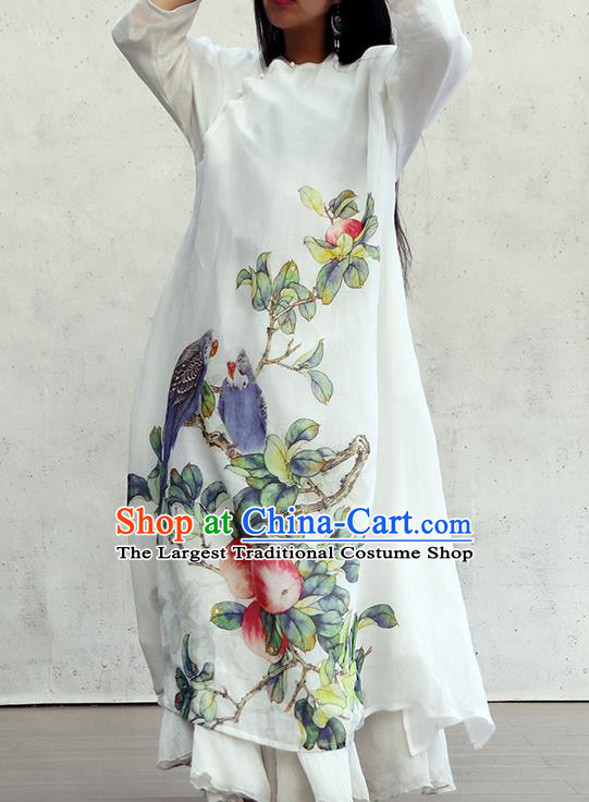 Chinese Traditional Printing Apple White Qipao Dress Woman Costume National Slant Opening Cheongsam
