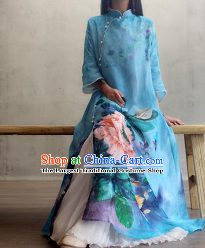 Chinese Traditional Stand Collar Qipao Dress Woman Costume National Printing Peony Blue Cheongsam