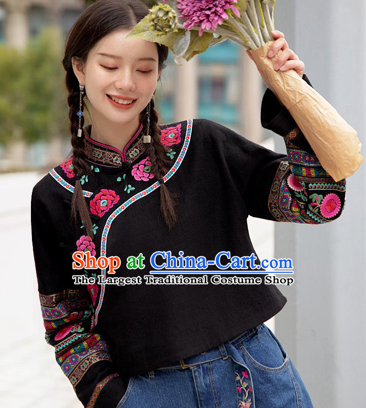 Chinese Traditional National Outer Garment Costume Tang Suit Embroidered Black Jacket