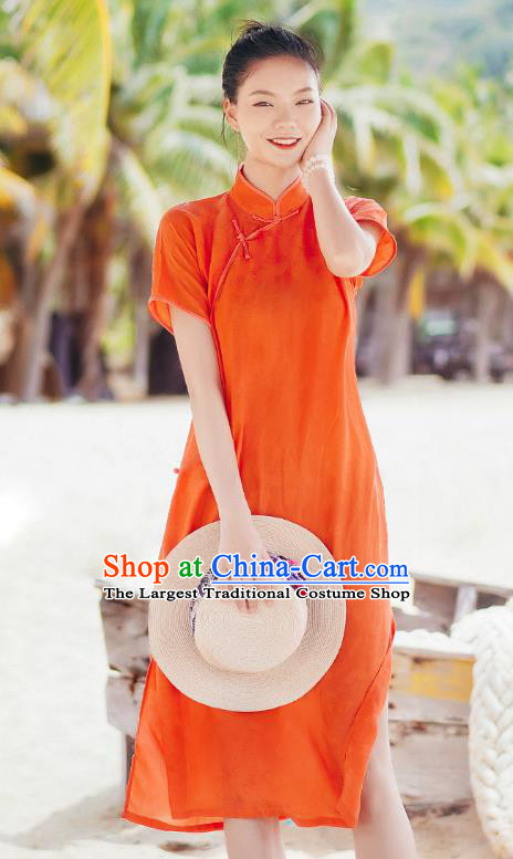 Chinese Traditional Young Lady Orange Qipao Dress National Stand Collar Cheongsam Costume