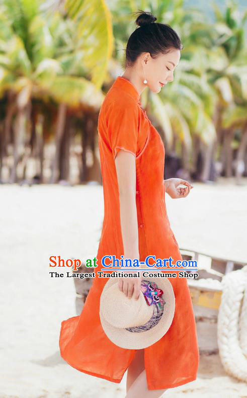 Chinese Traditional Young Lady Orange Qipao Dress National Stand Collar Cheongsam Costume