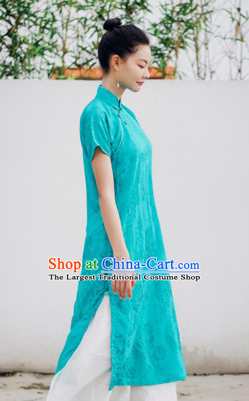 Chinese National Stand Collar Cheongsam Costume Traditional Young Lady Green Qipao Dress