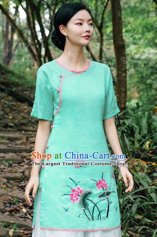 China National Woman Shirt Clothing Tang Suit Upper Outer Garment Traditional Embroidered Lotus Green Blouse