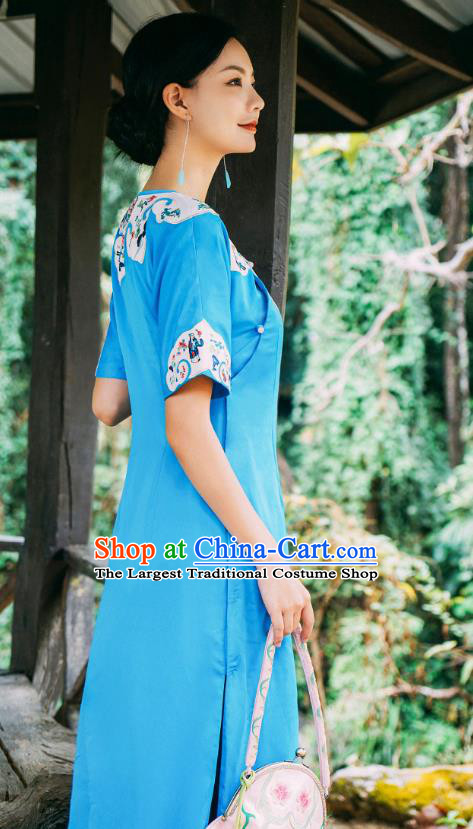 Chinese Traditional Round Collar Qipao Dress Costume National Young Lady Embroidered Blue Cheongsam