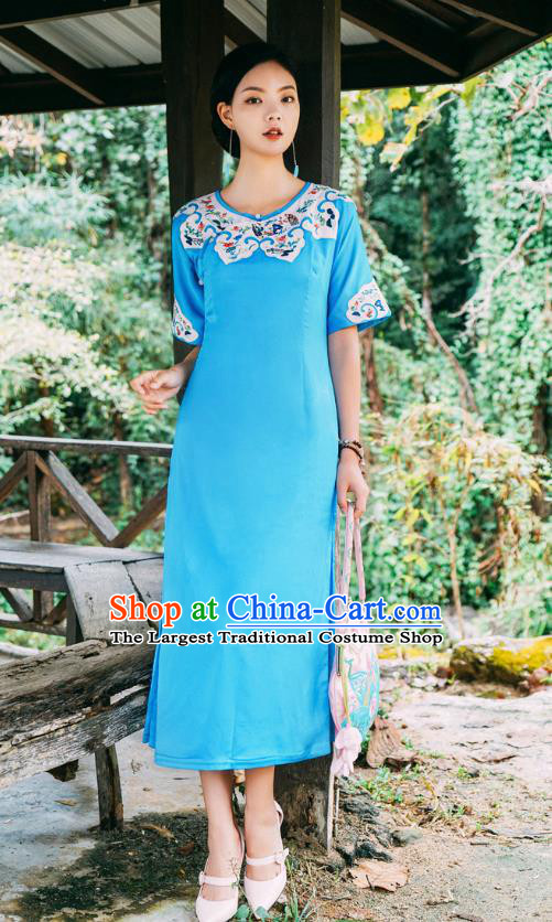 Chinese Traditional Round Collar Qipao Dress Costume National Young Lady Embroidered Blue Cheongsam