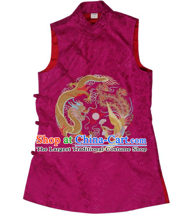 Chinese National Brocade Top Vest Garment Traditional Tang Suit Embroidered Rosy Long Waistcoat