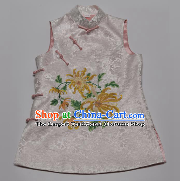 Chinese Tang Suit Upper Outer Garment Traditional Embroidered Chrysanthemum Waistcoat National White Brocade Vest
