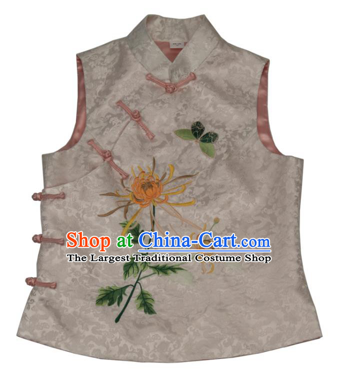 Chinese National Upper Outer Garment Traditional Embroidered Chrysanthemum Waistcoat Tang Suit White Brocade Vest