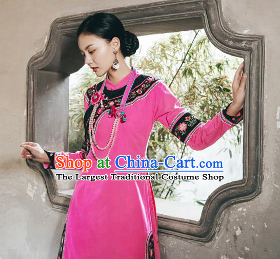 Chinese Traditional Stand Collar Ao Dai Qipao Dress Costume National Young Lady Embroidered Rosy Cheongsam