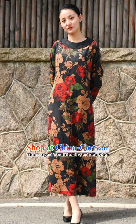 Chinese Traditional Printing Roses Qipao Dress Costume National Young Lady Black Silk Cheongsam
