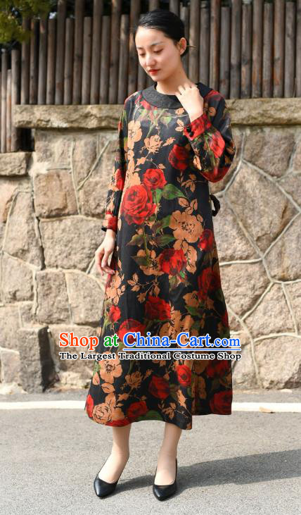 Chinese Traditional Printing Roses Qipao Dress Costume National Young Lady Black Silk Cheongsam