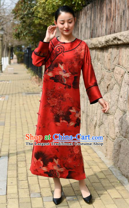 Chinese Traditional Printing Lotus Qipao Dress Costume National Young Lady Red Silk Cheongsam