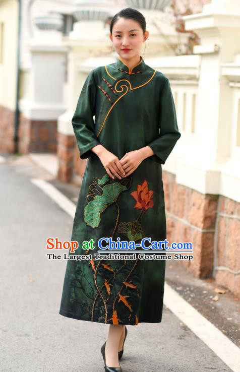 Chinese Traditional Printing Lotus Qipao Dress Costume National Young Lady Deep Green Silk Cheongsam