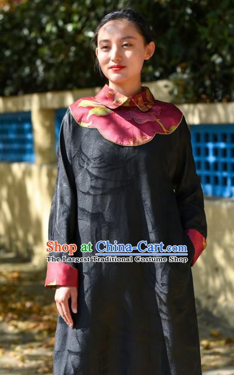 Chinese Traditional Stand Collar Qipao Dress Costume National Young Lady Black Silk Cheongsam