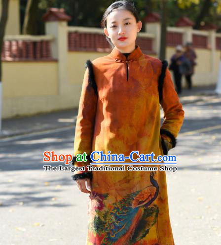 Chinese Traditional Printing Peacock Peony Qipao Dress Costume National Young Lady Ginger Cotton Wadded Cheongsam