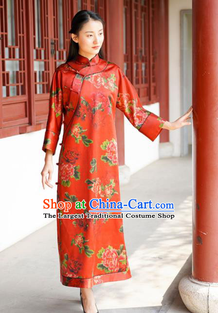 Chinese Traditional Red Silk Qipao Dress Costume National Young Lady Printing Peony Cheongsam