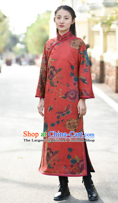 Chinese Traditional Printing Red Qipao Dress Costume National Young Lady Cotton Wadded Cheongsam