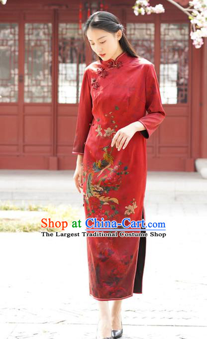 Chinese Traditional Printing Phoenix Peony Qipao Dress Costume National Young Lady Red Silk Cheongsam