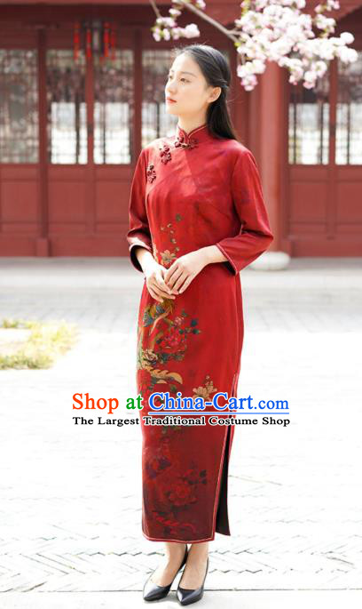 Chinese Traditional Printing Phoenix Peony Qipao Dress Costume National Young Lady Red Silk Cheongsam