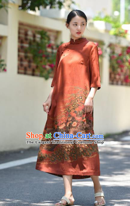 Chinese Traditional Gambiered Guangdong Gauze Qipao Dress Costume National Young Lady Printing Red Cheongsam