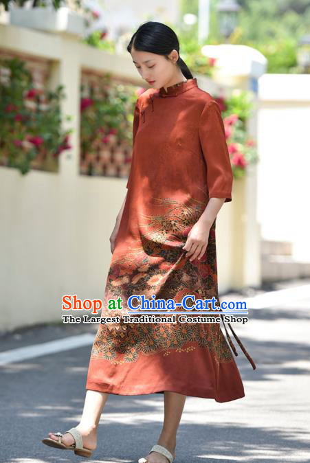 Chinese Traditional Gambiered Guangdong Gauze Qipao Dress Costume National Young Lady Printing Red Cheongsam