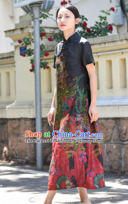 Chinese Traditional Stand Collar Qipao Dress Costume National Young Lady Printing Phoenix Peony Black Cheongsam