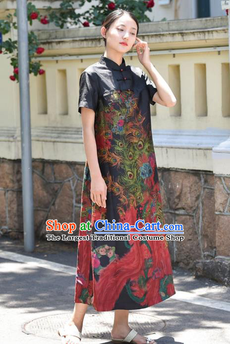 Chinese Traditional Stand Collar Qipao Dress Costume National Young Lady Printing Phoenix Peony Black Cheongsam
