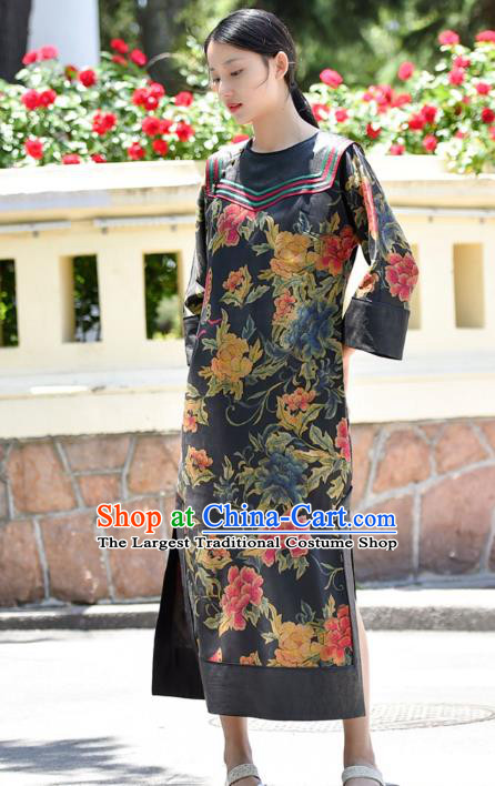 Chinese Traditional Printing Butterfly Peony Qipao Dress Costume National Young Lady Slant Opening Cheongsam