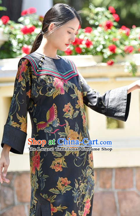 Chinese Traditional Printing Butterfly Peony Qipao Dress Costume National Young Lady Slant Opening Cheongsam