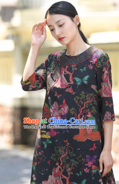Chinese Traditional Qipao Dress Costume National Young Lady Printing Navy Silk Cheongsam