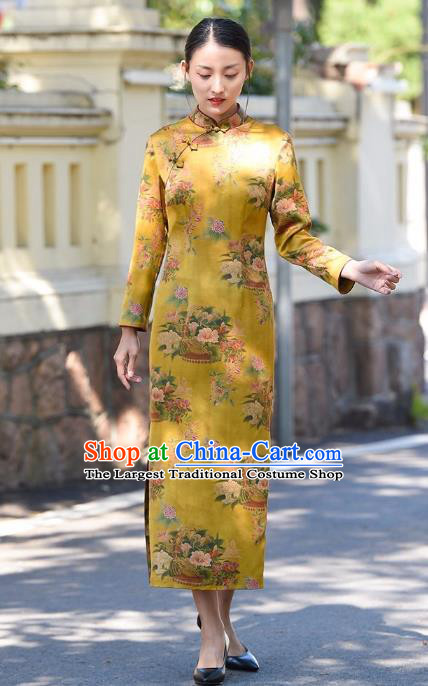 Chinese Traditional Yellow Silk Qipao Dress Costume National Young Lady Printing Flowers Cheongsam