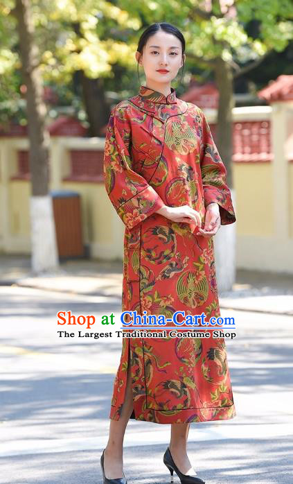 Chinese Traditional Phoenix Peony Pattern Red Silk Qipao Dress Costume National Young Lady Cheongsam