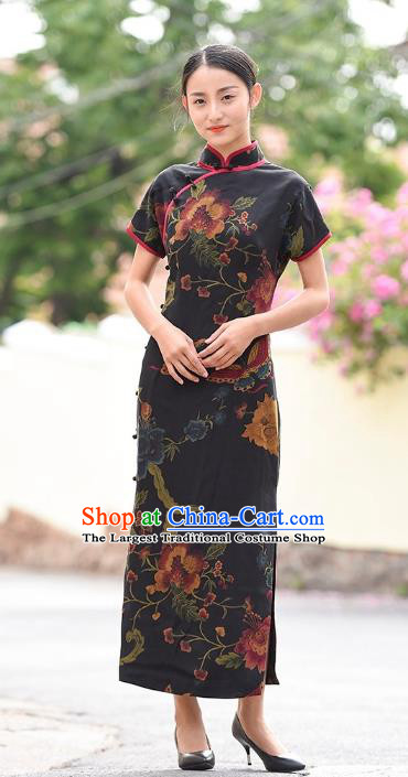 Chinese Traditional Peony Butterfly Pattern Qipao Dress Costume National Young Lady Black Silk Cheongsam
