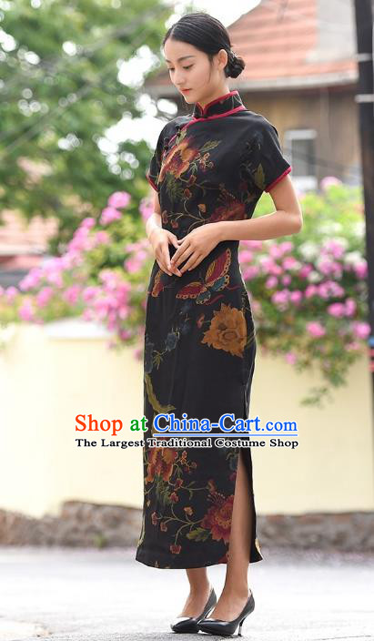 Chinese Traditional Peony Butterfly Pattern Qipao Dress Costume National Young Lady Black Silk Cheongsam