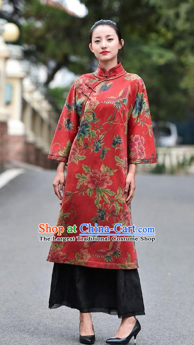 Chinese Traditional Minguo Wedding Red Silk Qipao Dress Costume National Printing Peony Butterfly Cheongsam