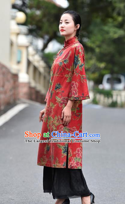 Chinese Traditional Minguo Wedding Red Silk Qipao Dress Costume National Printing Peony Butterfly Cheongsam