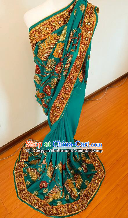 Asian India Embroidery Beads Blue Sari Dress Indian Traditional Folk Dance Costume