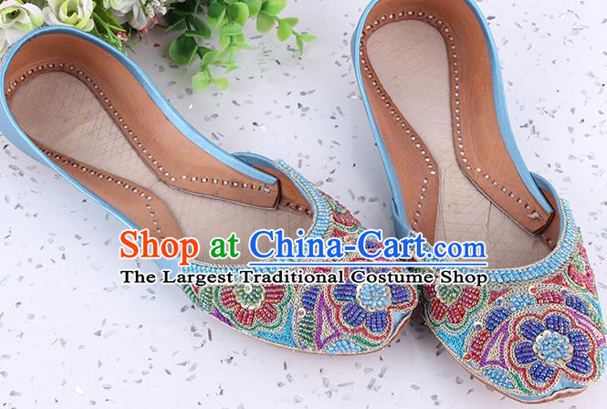 Indian Folk Dance Shoes Handmade Embroidery Beads Flowers Shoes Asian Traditional Court Blue Leather Shoes