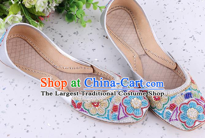 Asian Traditional Court Argent Leather Shoes Indian Folk Dance Shoes Handmade Embroidery Beads Flowers Shoes