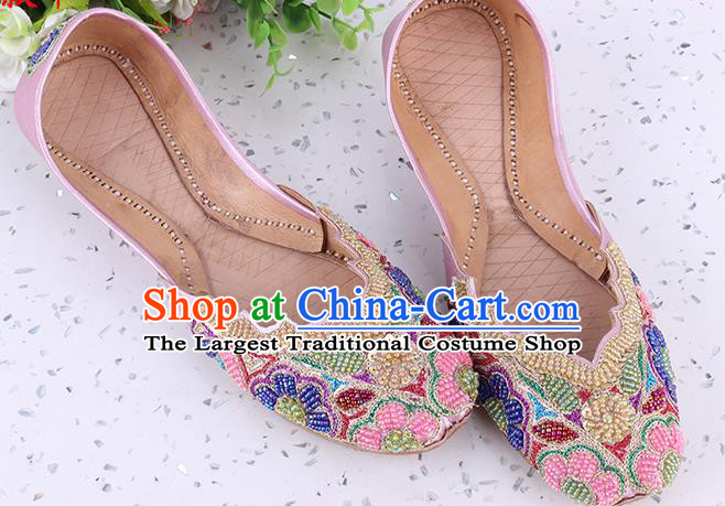 Indian Folk Dance Shoes Asian Handmade Embroidery Beads Pink Shoes Traditional Court Leather Shoes