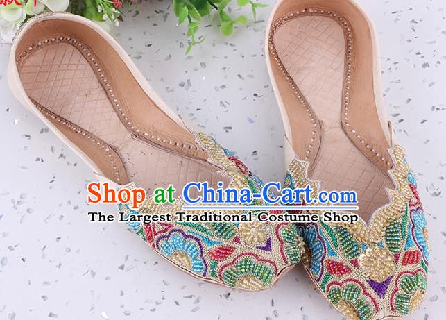 Indian Traditional Court Leather Shoes Asian Folk Dance Shoes Handmade Embroidery Beads Apricot Shoes