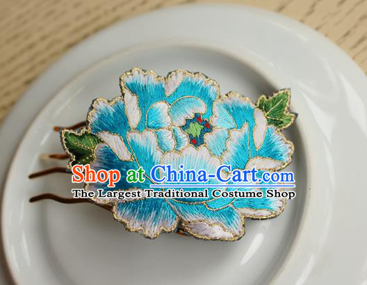 China Handmade National Embroidered Blue Peony Hair Comb Classical Cheongsam Hairpin